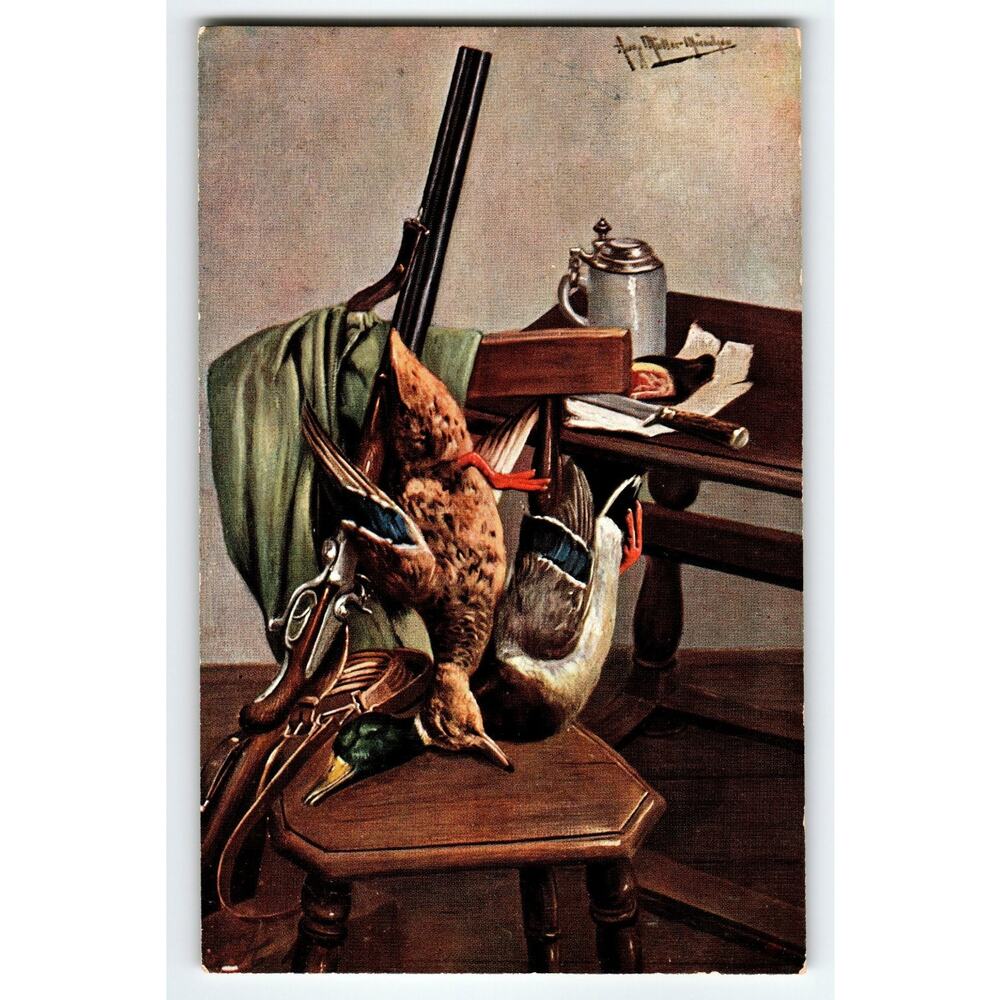 Signed Muller Artist Postcard Still Life with Hunting Theme Standard Size